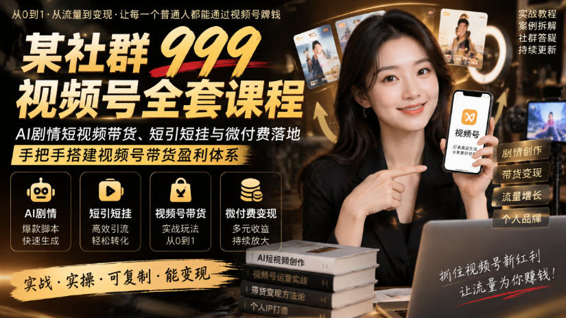 某社群999视频号全套课程，AI剧情短视频带货、短引短挂与微付费落地，手把手搭建视频号带货盈利体系-极客网创