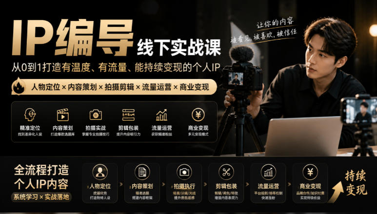 【无水印】IP编导线下实战课，从人物定位到短视频拍摄剪辑，全流程打造有温度、有流量、能持续变现的个人IP内容-极客网创