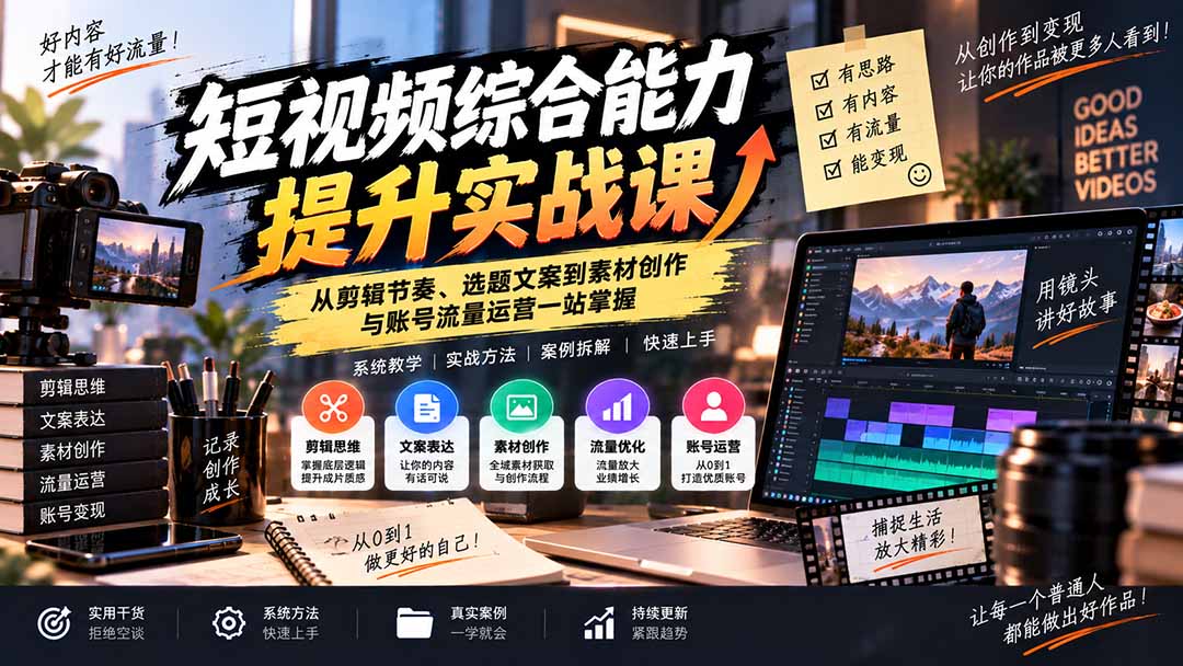 短视频综合能力提升实战课：从剪辑节奏、选题文案到素材创作与账号流量运营一站掌握-极客网创
