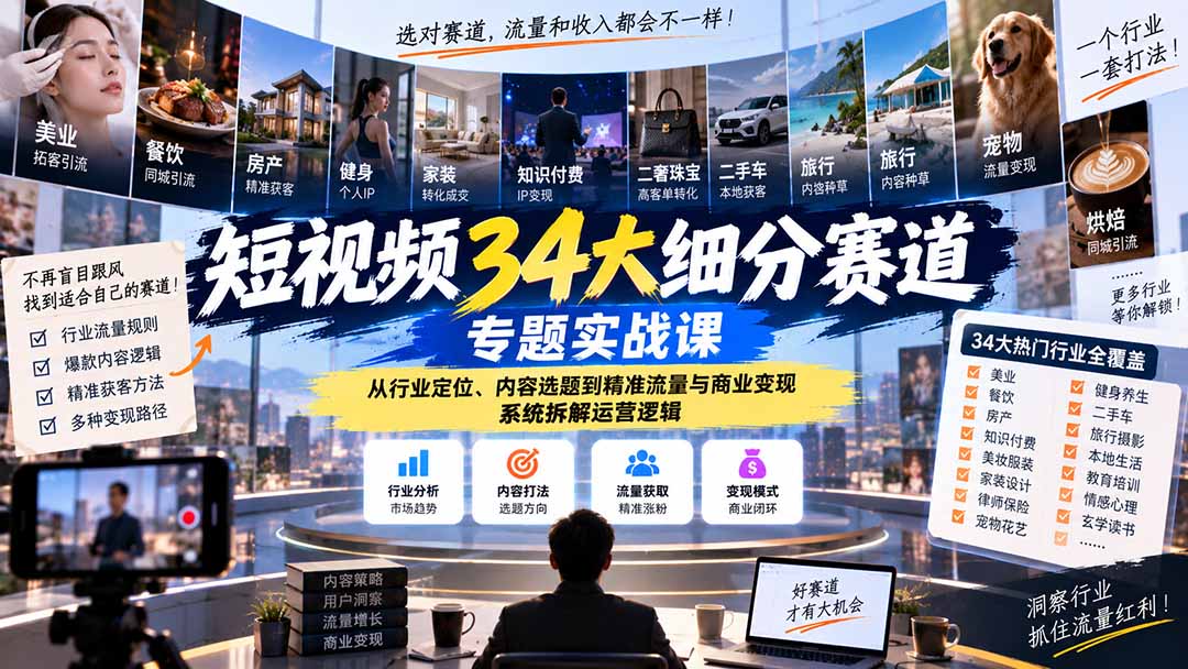 短视频34大细分赛道专题实战课：从行业定位、内容选题到精准流量与商业变现，系统拆解运营逻辑-极客网创