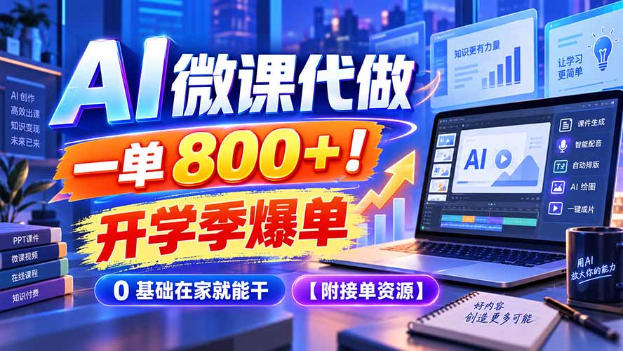 AI 微课代做，一单 800+！开学季爆单，0 基础在家就能干【附接单资源】-极客网创