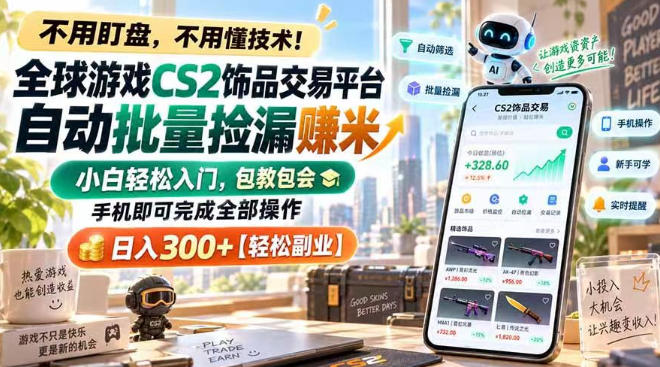 全球游戏CS2饰品交易平台自动批量捡漏賺米，小白轻松入门，包教包会，手机即可完成全部操作，日入300+【揭秘】-极客网创