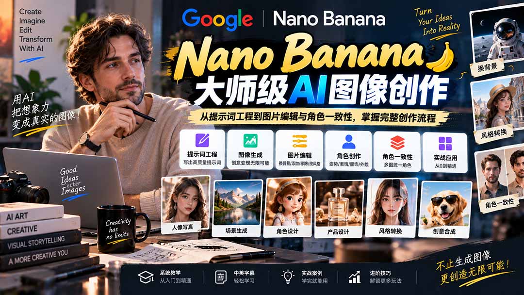 【无水印】Nano Banana大师级AI图像实战课：从提示词工程到图片编辑与角色一致性，掌握完整创作流程-极客网创