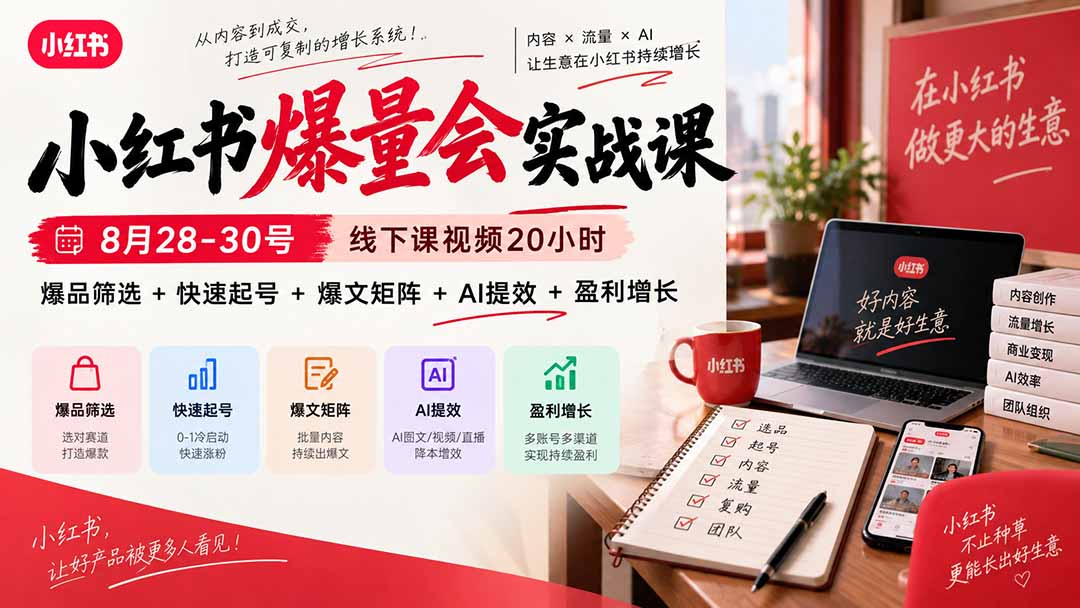 小红书爆量会实战课-更新9月23：线下课视频20小时，爆品筛选+快速起号+爆文矩阵+AI提效+盈利增长-极客网创