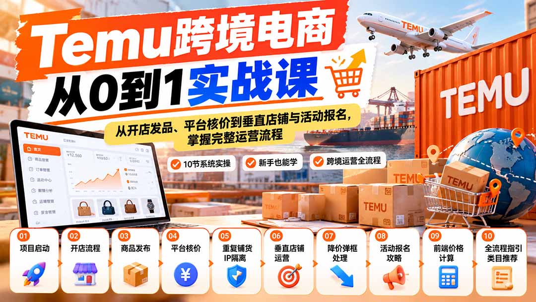 【无水印】Temu跨境电商从0到1实战课：从开店发品、平台核价到垂直店铺与活动报名，掌握完整运营流程-极客网创
