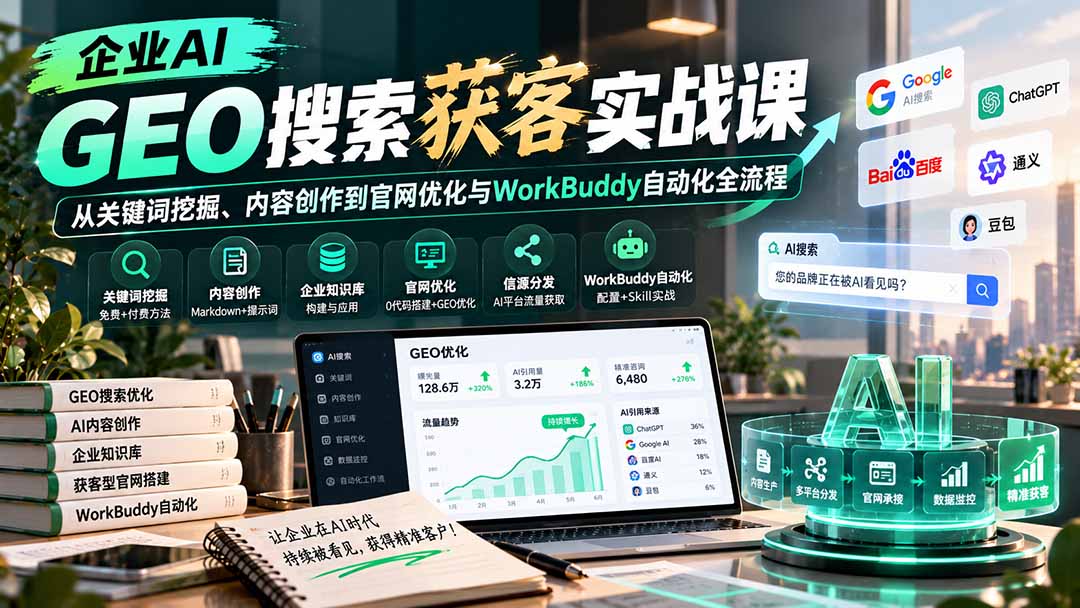 企业AI GEO搜索获客实战课：从关键词挖掘、内容创作到官网优化与WorkBuddy自动化全流程-极客网创