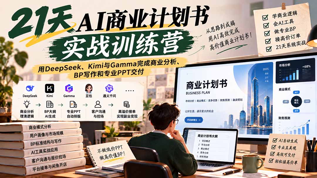 【无水印】21天AI商业计划书实战训练营：用DeepSeek、Kimi与Gamma完成商业分析、BP写作和专业PPT交付-极客网创