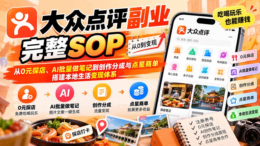 【无水印】大众点评副业完整SOP：从0元探店、AI批量做笔记到创作分成与点星商单，搭建本地生活变现体系-极客网创
