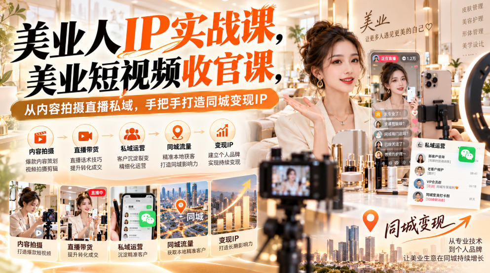 【无水印】美业人IP实战课，美业短视频收官课，从内容拍摄直播私域，手把手打造同城变现IP-极客网创