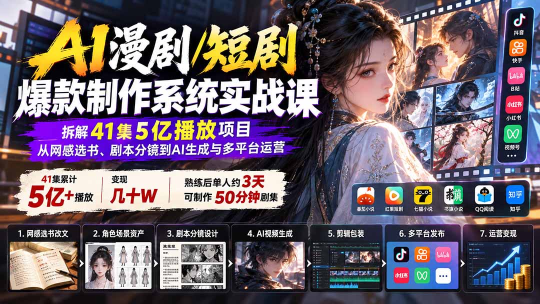 AI漫剧/短剧爆款制作系统实战课：拆解41集5亿播放项目，从网感选书、剧本分镜到AI生成与多平台运营-极客网创