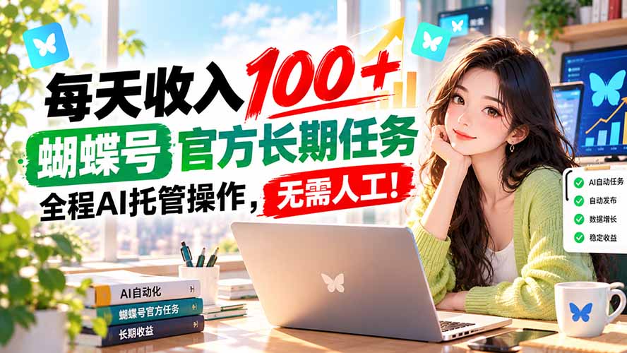 每天收入100＋， 蝴蝶号官方长期任务， 全程ai托管操作，无需人工！-极客网创