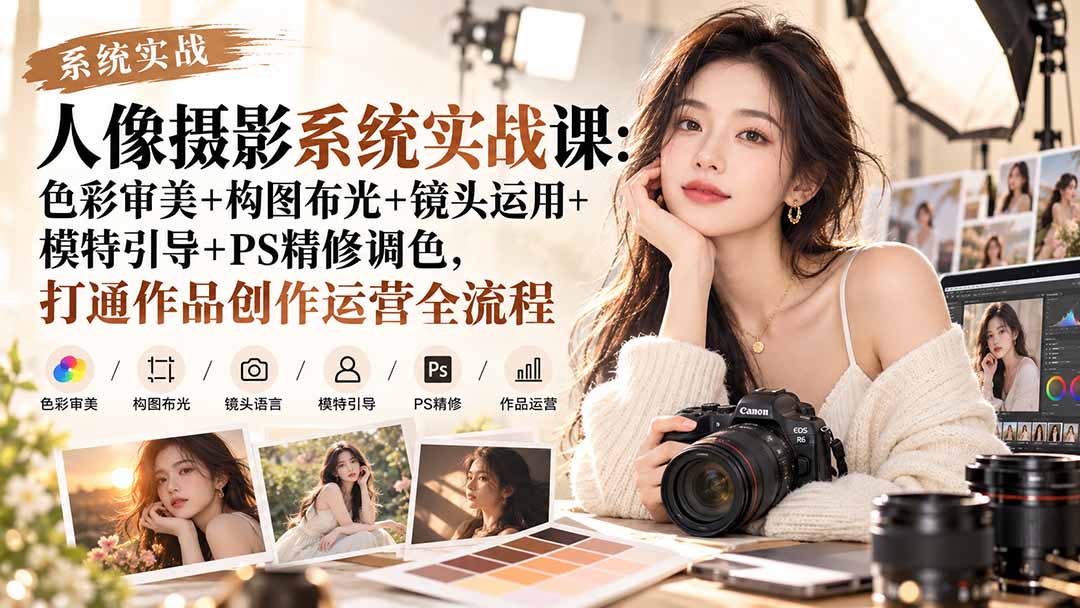 【无水印】人像摄影系统实战课:色彩审美+构图布光+镜头运用+模特引导+PS精修调色,打通作品创作运营全流程-极客网创
