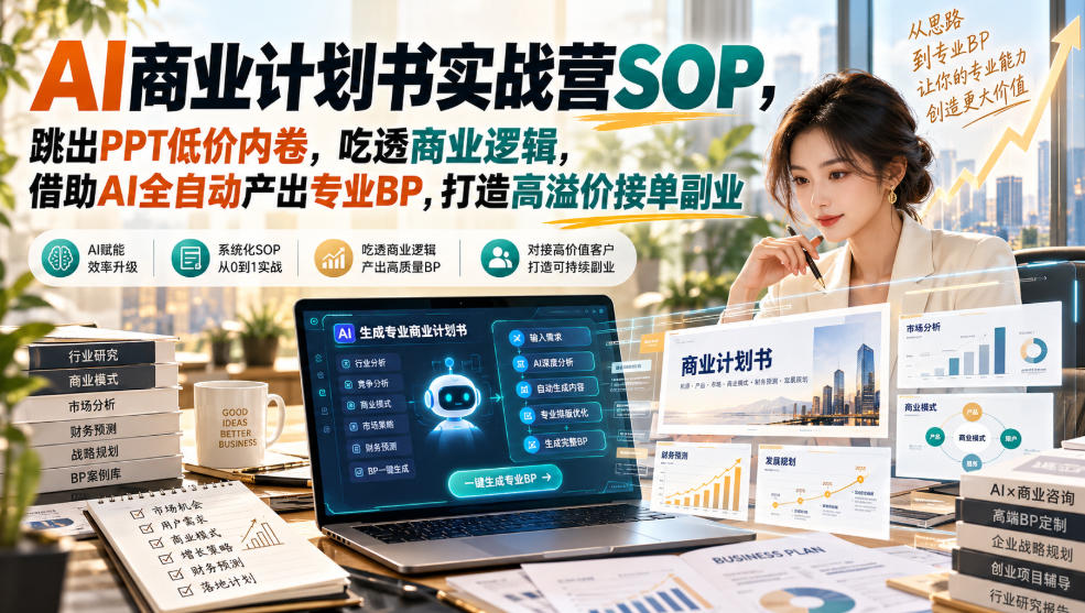 AI商业计划书实战营SOP,跳出PPT低价内卷,吃透商业逻辑,借助AI全自动产出专业BP,打造高溢价接单副业-极客网创