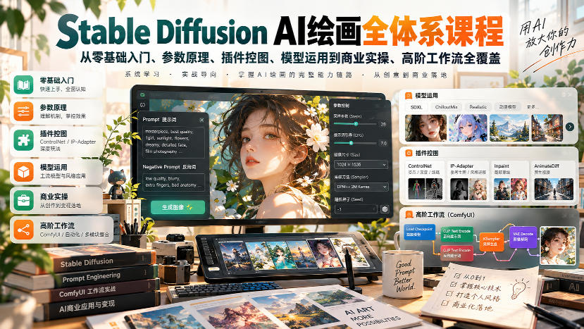 【无水印】Stable Diffusion AI绘画全体系课程，从零基础入门、参数原理、插件控图、模型运用到商业实操、高阶工作流全覆盖-极客网创