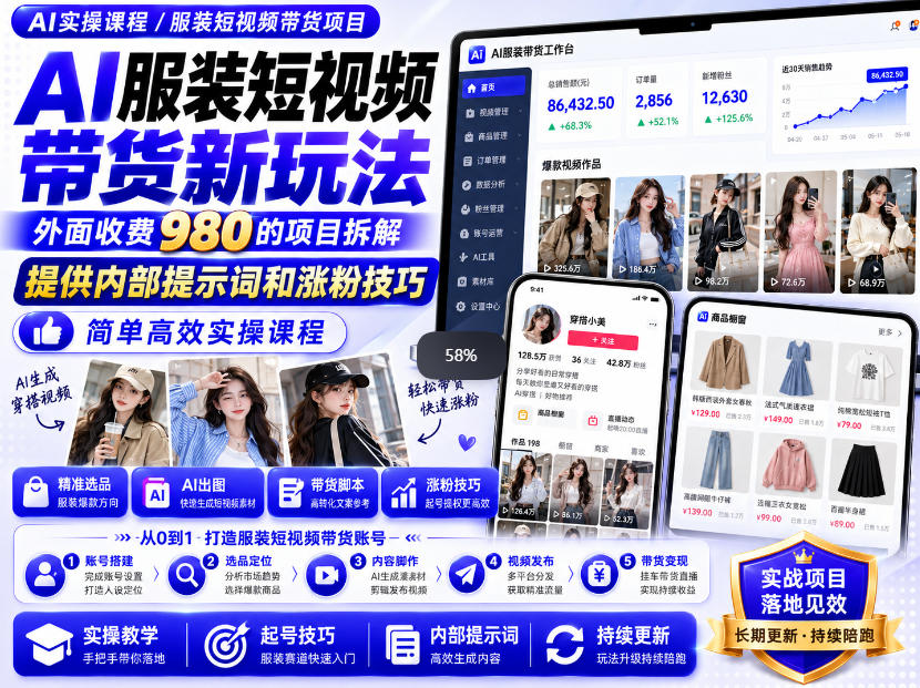 外面收费980AI快手带货系统课程，内部课程首次外放，操作简单高效，一分钟一条爆款视频-极客网创