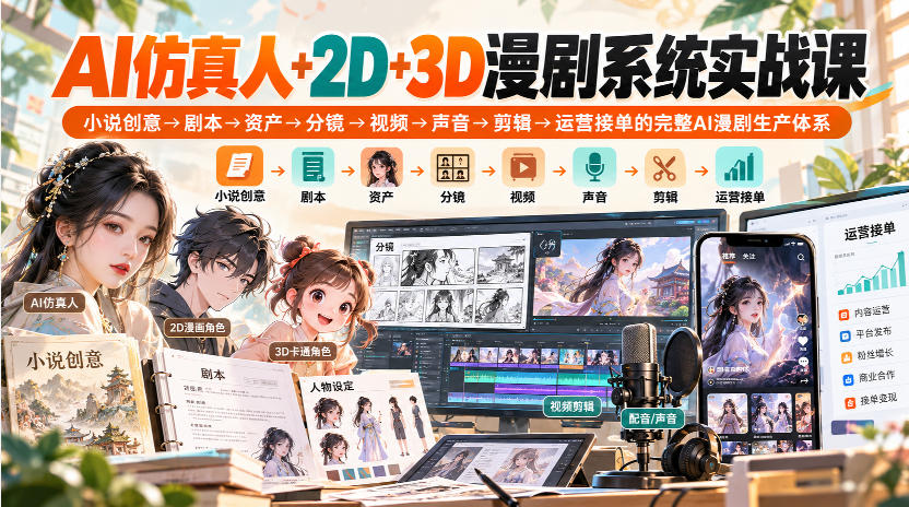 【无水印】AI仿真人+2D+3D漫剧系统实战课，小说创意→剧本→资产→分镜→视频→声音→剪辑→运营接单的完整AI漫剧生产体系-极客网创
