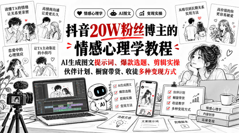 抖音20W粉丝博主静候心声的情感心理学教程，AI生成图文提示词、爆款选题、剪辑实操，伙伴计划、橱窗带货、收徒多种变现方式-极客网创