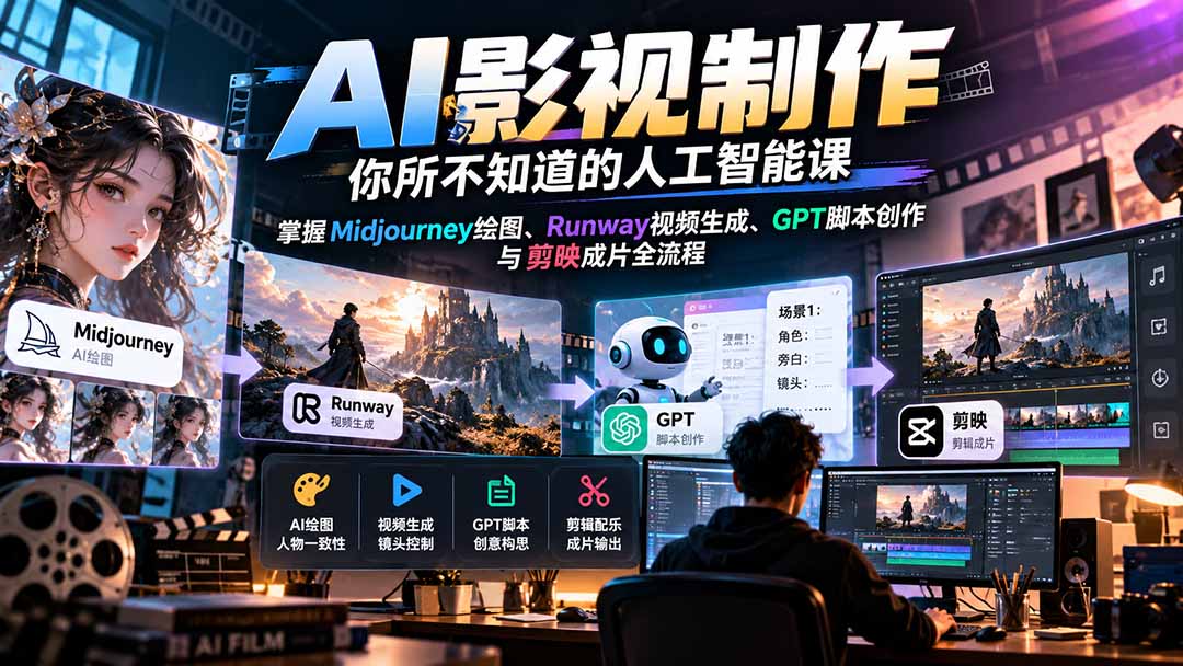【无水印】AI影视制作-你所不知道的人工智能课，掌握Midjourney绘图、Runway视频生成、GPT脚本创作与剪映成片全流程-极客网创