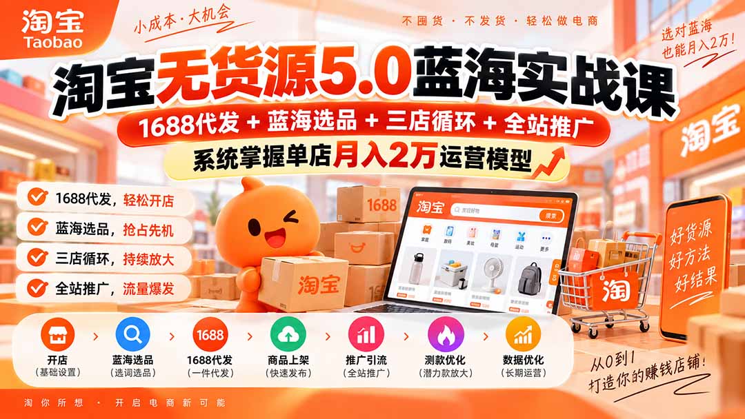 淘宝无货源5.0蓝海实战课-更新0927:1688代发+蓝海选品+三店循环+全站推广,系统掌握单店月入2万运营模型-极客网创