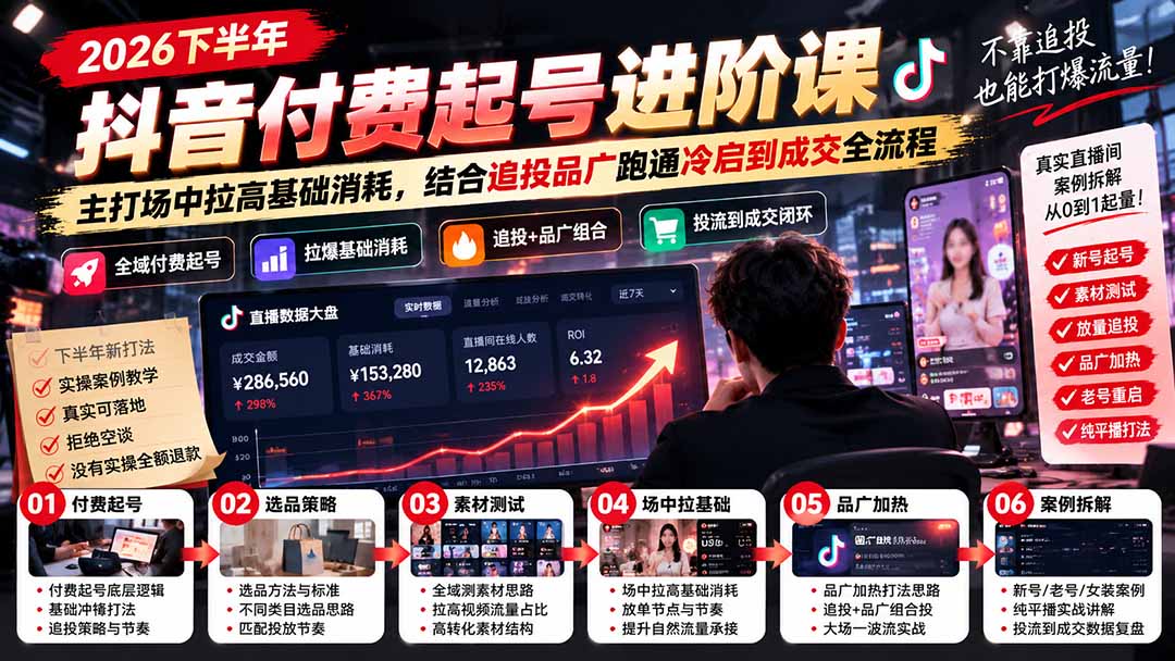 2026下半年抖音付费起号进阶课：主打场中拉高基础消耗，结合追投品广跑通冷启到成交全流程-极客网创