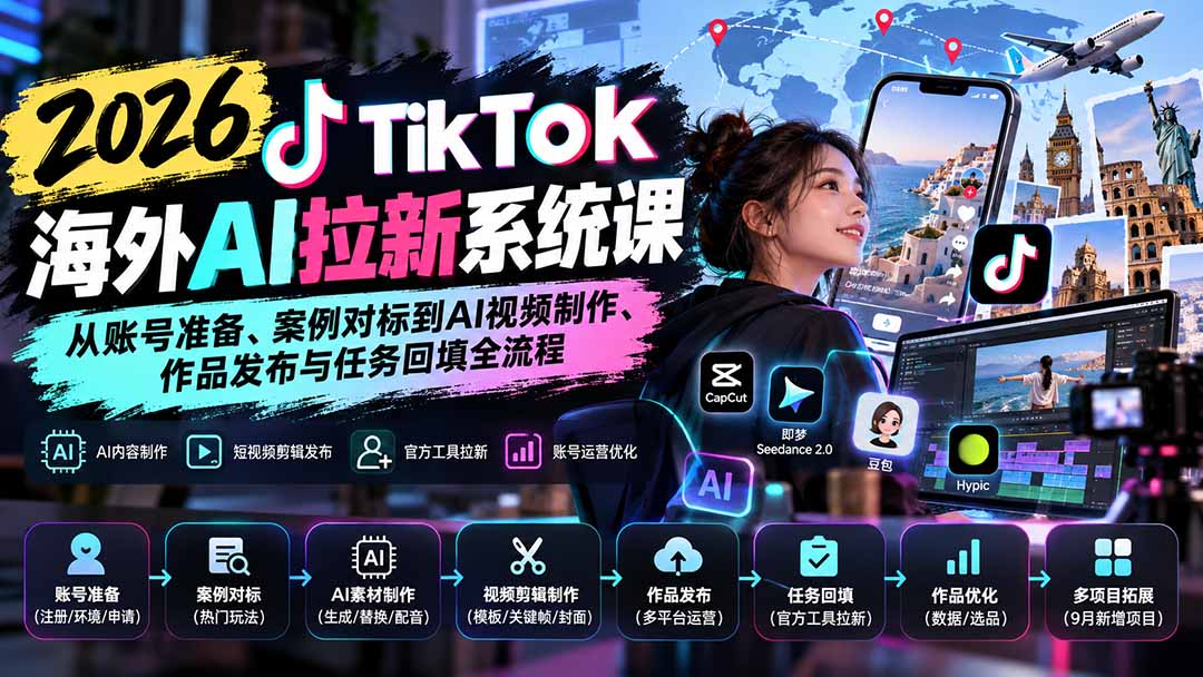 【无水印】2026 TikTok海外AI拉新系统课：从账号准备、案例对标到AI视频制作、作品发布与任务回填全流程-极客网创