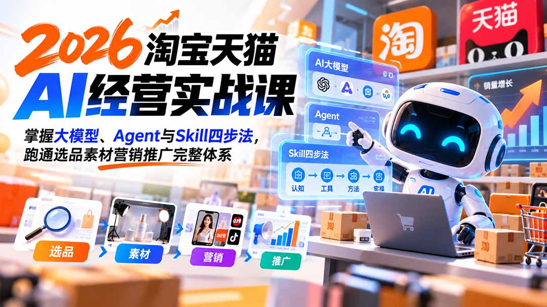 【无水印】2026淘宝天猫AI经营实战课：掌握大模型、Agent与Skill四步法，跑通选品素材营销推广完整体系-极客网创