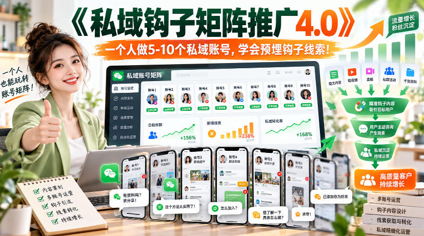 【无水印】《私域钩子矩阵推广4.0》一个人做5-10个私域账号，学会预埋钩子线索！-极客网创