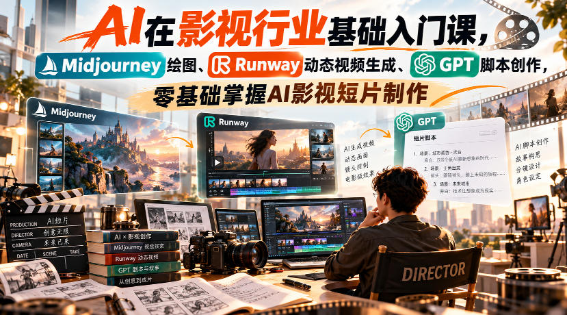 【无水印】AI在影视行业基础入门课，Midjourney绘图、Runway动态视频生成、GPT脚本创作，零基础掌握AI影视短片制作-极客网创