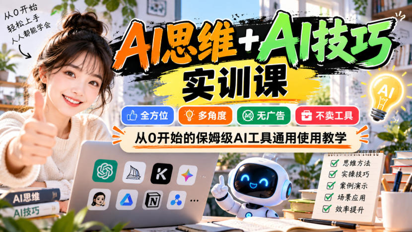 【无水印】AI思维+AI技巧实训课，全方位、多角度、无广告、不卖工具，从0开始的保姆级AI工具通用使用教学-极客网创
