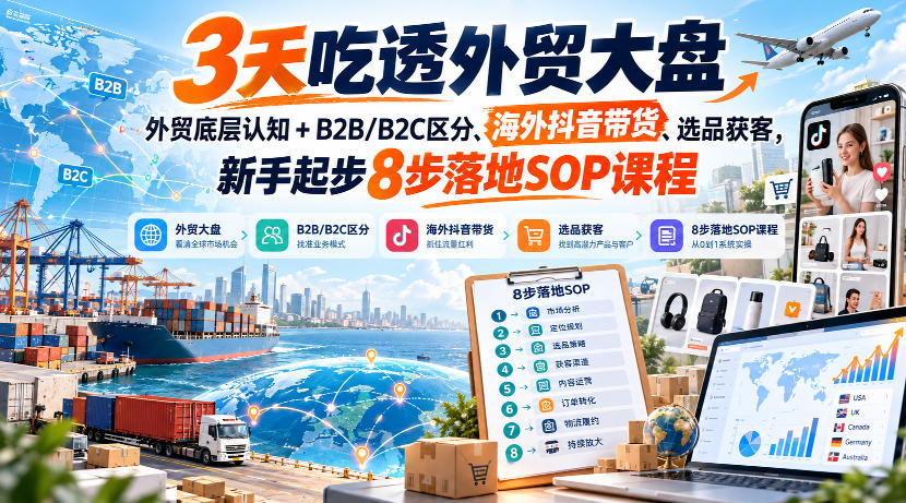 3天吃透外贸大盘，外贸底层认知+B2B/B2C区分、海外抖音带货、选品获客，新手起步8步落地SOP课程-极客网创