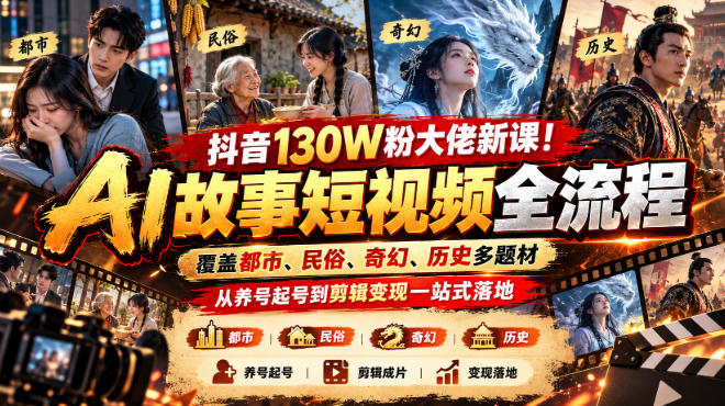 抖音130W粉大佬新课！AI故事短视频全流程，覆盖都市、民俗、奇幻、历史多题材，从养号起号到剪辑变现一站式落地-极客网创