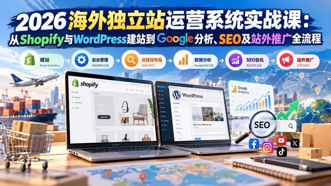 2026海外独立站运营系统实战课：从Shopify与WordPress建站到Google分析、SEO及站外推广全流程-极客网创