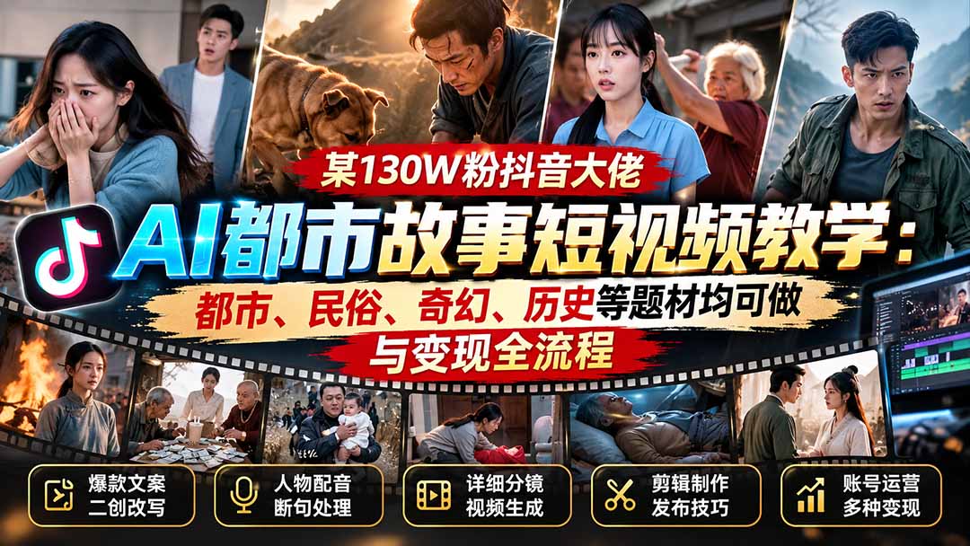 某130W粉抖音大佬AI都市故事短视频教学：都市、民俗、奇幻、历史等题材均可做与变现全流程-极客网创