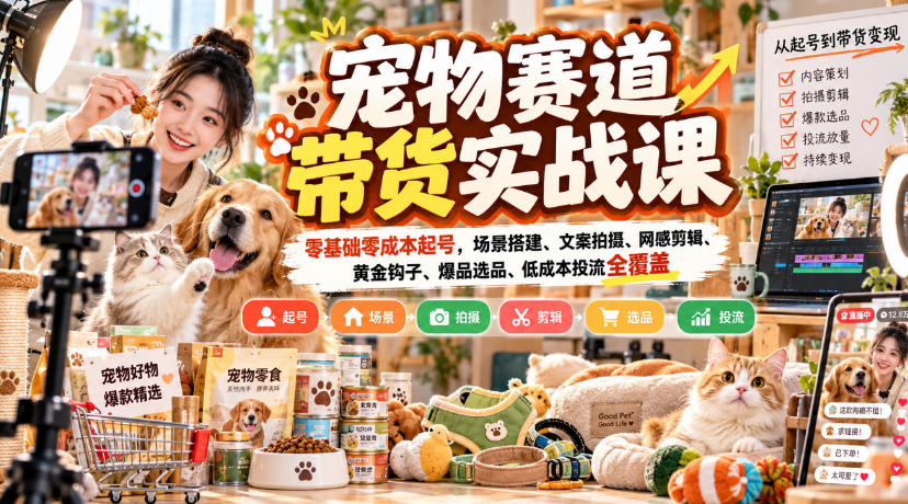 宠物赛道带货实战课，零基础零成本起号，场景搭建、文案拍摄、网感剪辑、黄金钩子、爆品选品、低成本投流全覆盖-极客网创