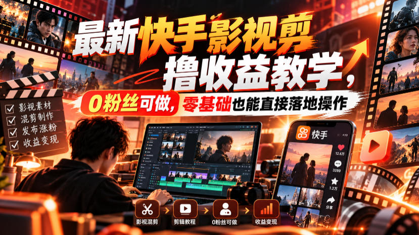 最新快手影视混剪撸收益教学，0粉丝可做，零基础也能直接落地操作-极客网创