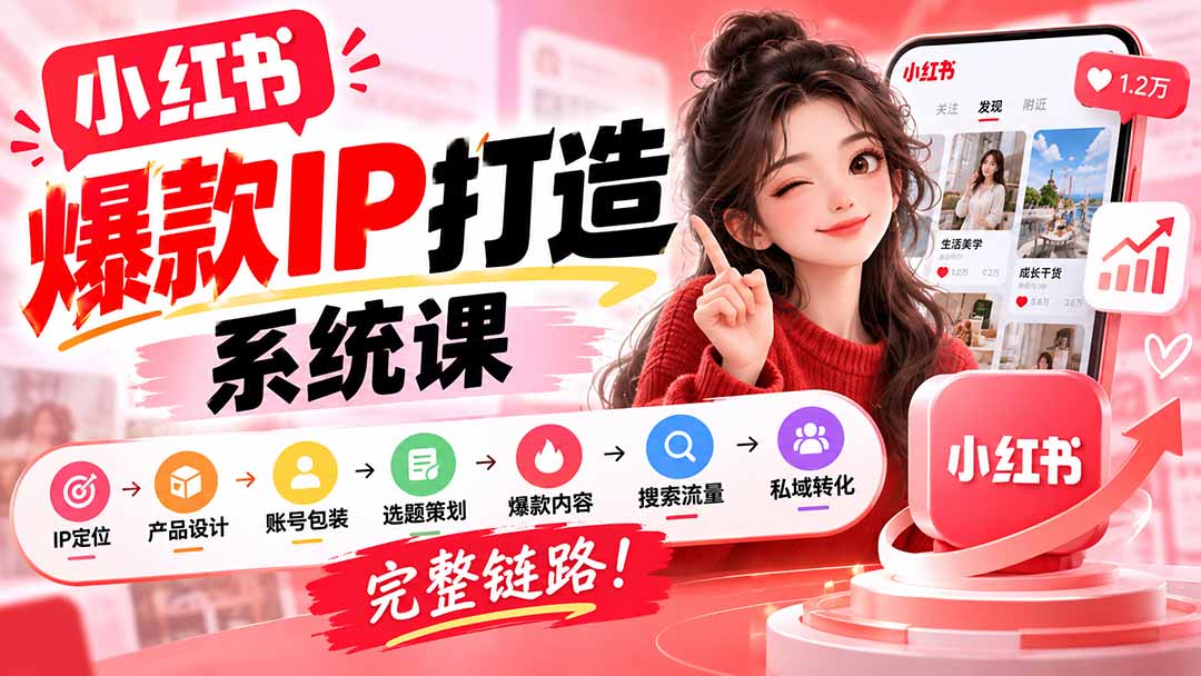 【无水印】小红书爆款IP打造课：IP定位→产品设计→账号包装→选题策划→爆款内容→搜索流量→私域转化，完整链路-极客网创