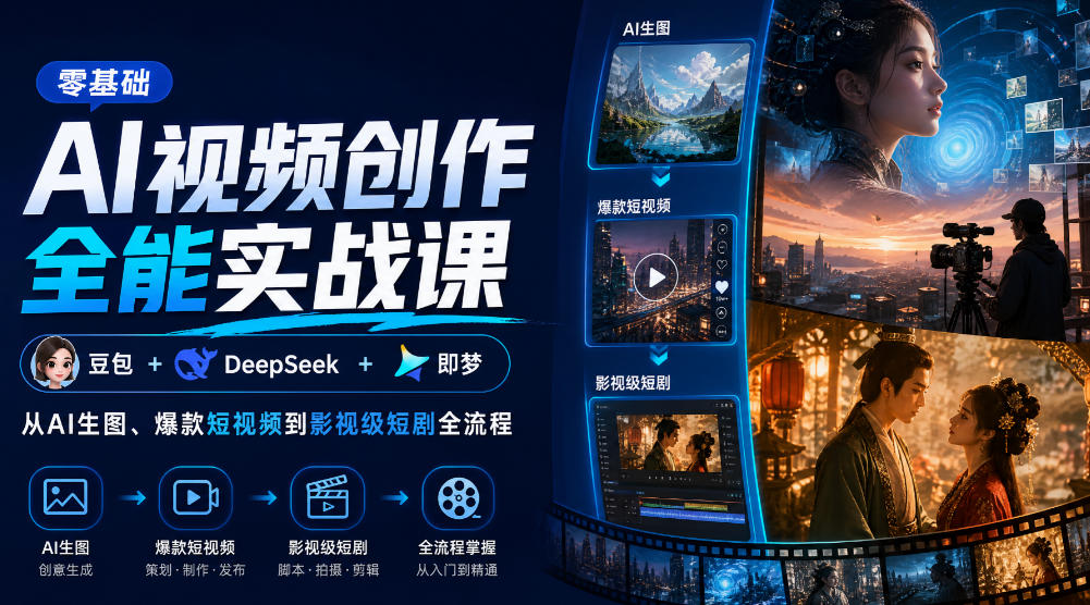 零基础AI视频创作全能实战课｜豆包+DeepSeek+即梦，从AI生图、爆款短视频到影视级短剧全流程-极客网创