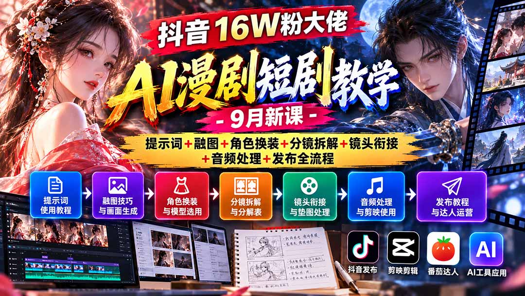 抖音16W粉大佬AI漫剧短剧教学-9月新课：提示词+融图+角色换装+分镜拆解+镜头衔接+音频处理+发布全流程-极客网创