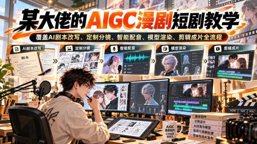 某大佬的AIGC漫剧短剧教学，覆盖AI剧本改写、定制分镜、智能配音、模型渲染、剪辑成片全流程-极客网创