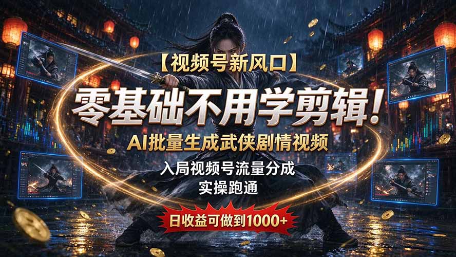 【视频号新风口】零基础不用学剪辑!AI 批量生成武侠剧情视频,入局视频号流量分成,实操跑通,日收益可做到 1000+-极客网创