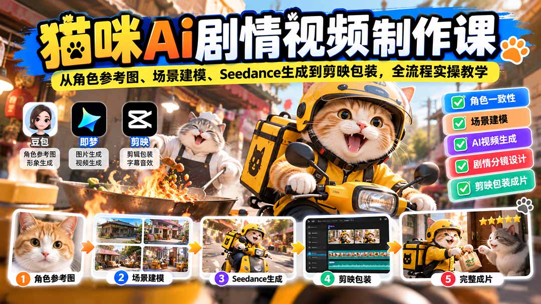 猫咪AI剧情视频制作课:从角色参考图、场景建模、Seedance生成到剪映包装,全流程实操教学-极客网创
