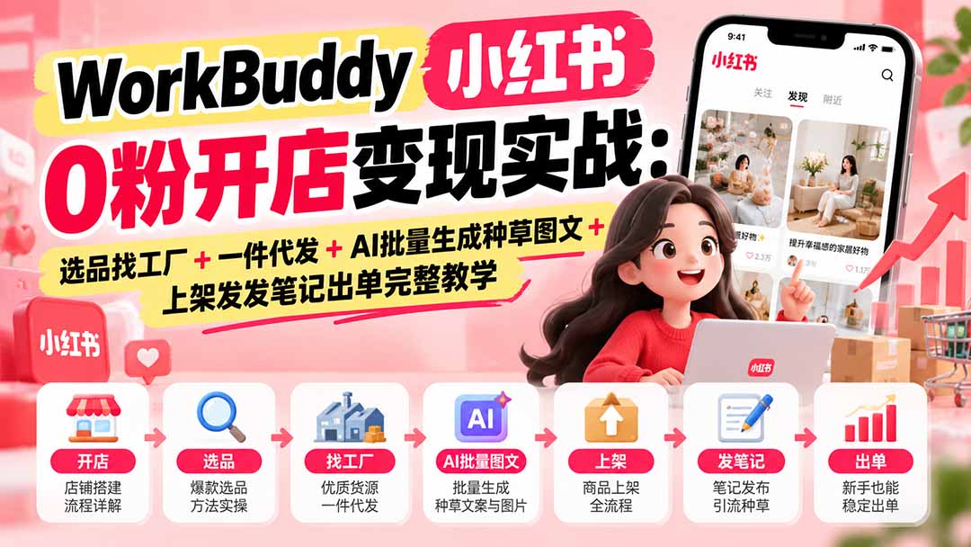 WorkBuddy小红书0粉开店变现实战：选品找工厂+一件代发+AI批量生成种草图文+上架发发笔记出单完整教学-极客网创