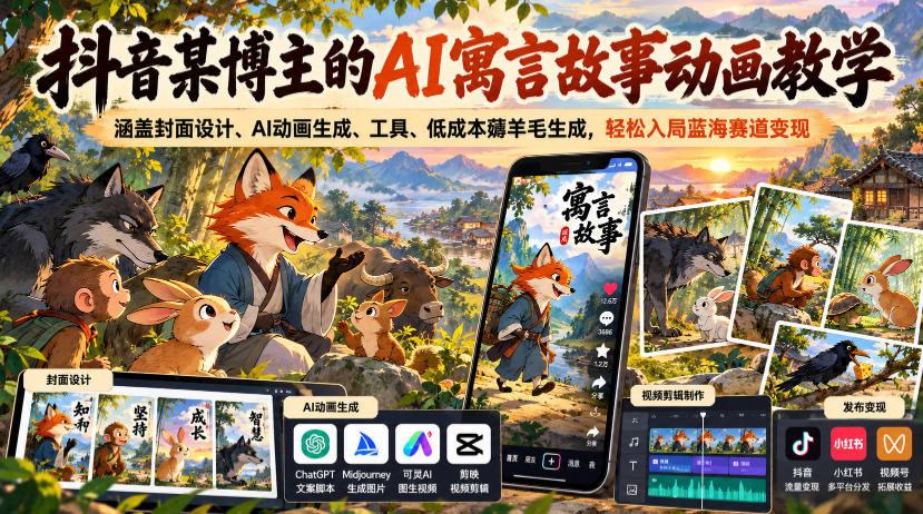 抖音某博主的AI寓言故事动画教学，涵盖封面设计、AI动画生成、工具、低成本薅羊毛生成，轻松入局蓝海赛道变现-极客网创