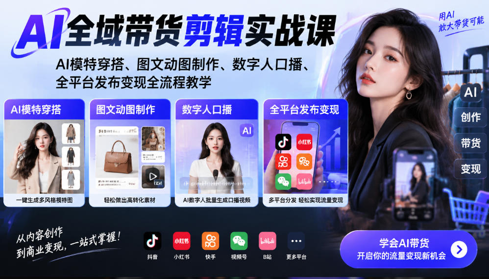 AI全域带货剪辑实战课|AI模特穿搭、图文动图制作、数字人口播、全平台发布变现全流程教学-极客网创