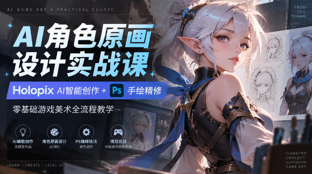 AI角色原画设计实战课｜Holopix AI智能创作+PS手绘精修，零基础游戏美术全流程教学-极客网创