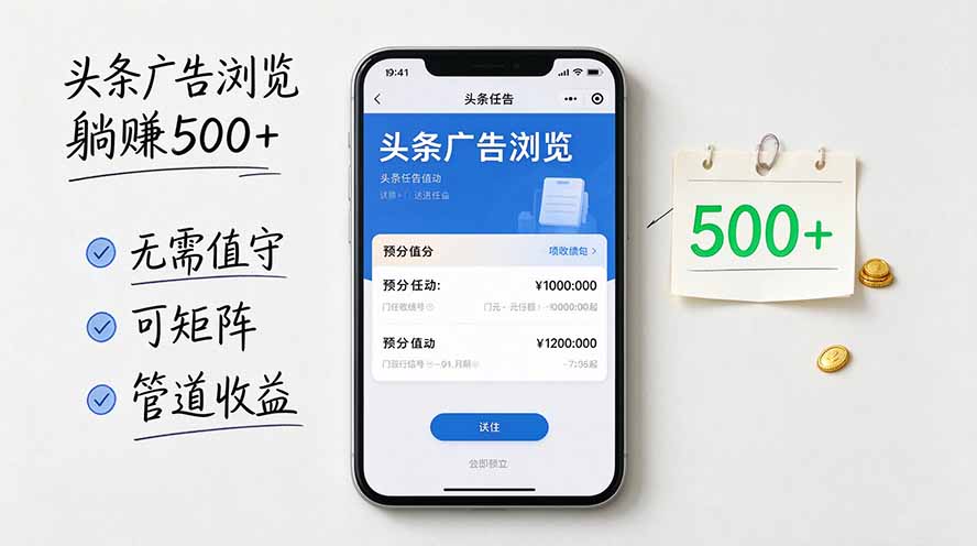 头条广告浏览躺赚500+无需值守，可矩阵并附有管道收益-极客网创