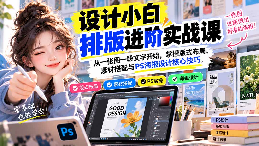 设计小白排版进阶实战课：从一张图一段文字开始，掌握版式布局、素材搭配与PS海报设计核心技巧-极客网创