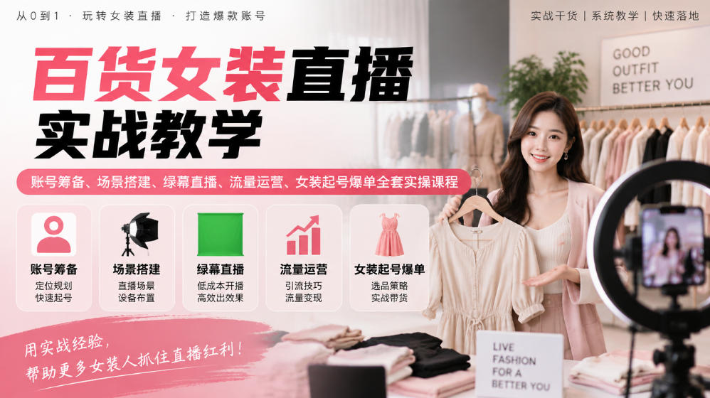百货女装直播实战教学｜账号筹备、场景搭建、绿幕直播、流量运营、女装起号爆单全套实操课程-极客网创