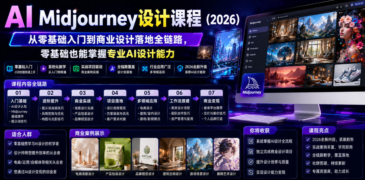 AI Midjourney设计课程(2026)，从零基础入门到商业设计落地全链路，零基础也能掌握专业AI设计能力(更新1007)-极客网创