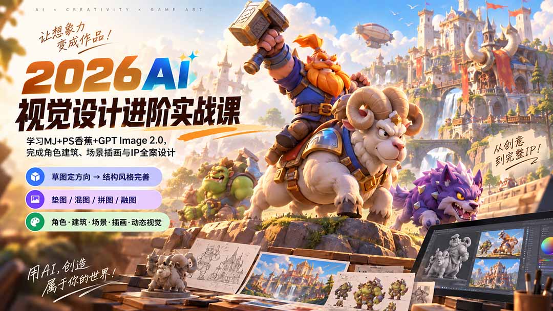 2026AI视觉设计进阶实战课-更新1007:学习MJ+PS香蕉+GPT Image 2.0,完成角色建筑、场景插画与IP全案设计-极客网创